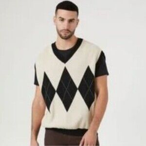 Forever 21 Taupe & Black Argyle Preppy Cotton Sweater Vest Size M